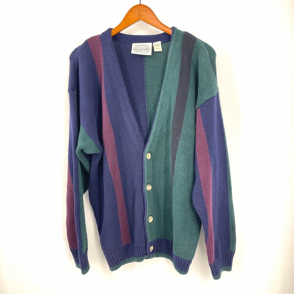 😎Vintage Green Multicolor Slouchy Preppy Grandpa Cardigan XL Old Money Tennis